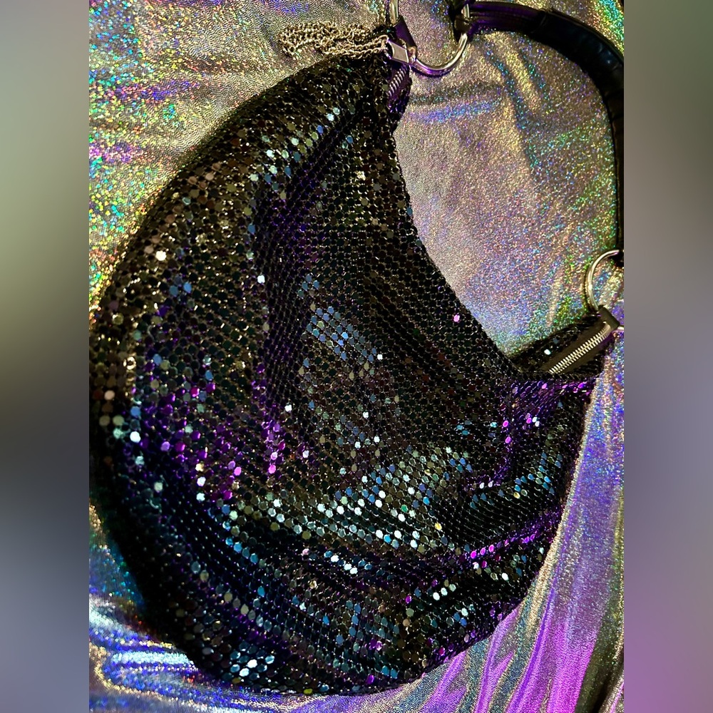 Vintage Y2K Black Mesh Hobo Bag w/ Silver Rings & Accents